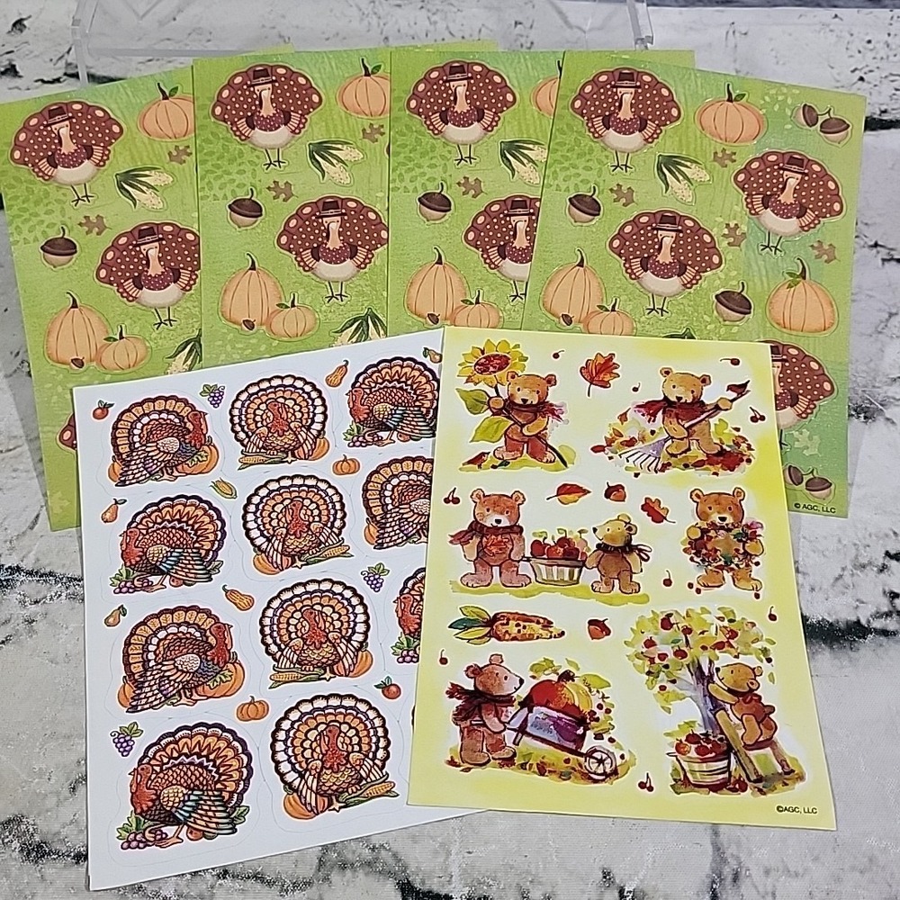 Vintage Thanksgiving Scrapbooking Stickers Lot Of 6 Sheets Turkeys Bears AGC